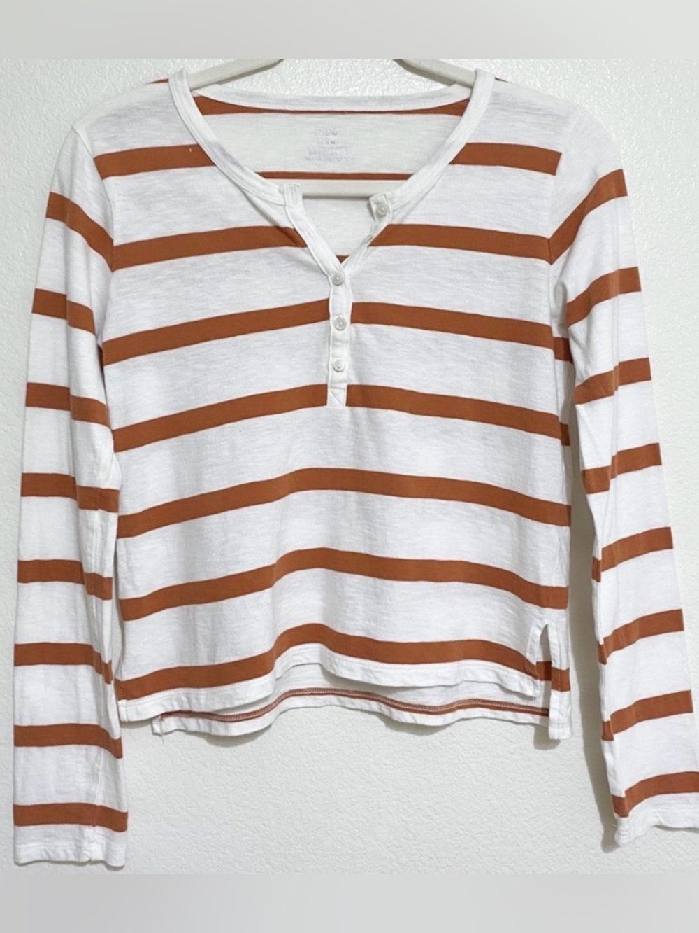 Aerie Lounge Crop Henley T-Shirt Top in Brown White Stripe Size S